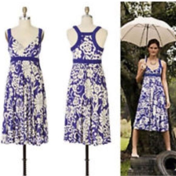 Anthropologie | Ric Rac Floral Blue Murmering Reeds Dress, Racer Back, large - Picture 1 of 13